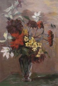 Blumenstilleben Vor Ros,farbenem Hintergrund by Gaston Haustrate