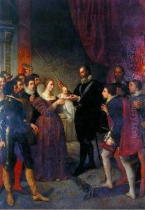 Henri Iv Remet Une Epee A Louis Xiii, Enfant, En Presence De Marie De Medicis Et La Cour by Louis Henri Hautier