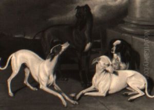 Three Whippets And A King Charles Spaniel In A Landscape Three Whippets And A King Charles Spaniel In A Landscape