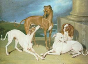 Whippets And A King Charles Spaniel On The Steps Of A Country House by Edmund Havell Jnr.