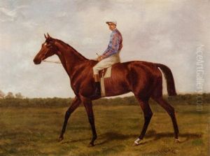 A Chestnut Racehorse With Jockey Up