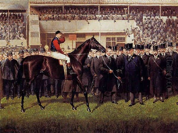 H.m. King Edward Vii's "minoru" With Herbert Jones Up In The Winner's Circle At Epsom, 26 May 1909 - view 1