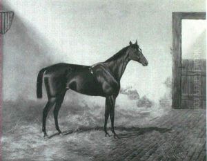 'ladas', A Dark Bay Racehorse With A Groom In A    Landscape [&] 'donovan', A Chestnut Racehorse In A Loose Box by Alfred Charles Havell