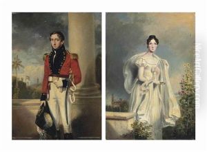 Portrait Of Mr Godolphin In The Uniform Of An Officer Of The Honourable East India Company, Standing Small Three-quarter Length, The Madras Waterfront Beyond; And Portrait Of Mrs Godolphin, Standing Small Three-quarter Length In A Garden With Hollyhocks, Portrait Of Mr Godolphin In The Uniform Of An Officer Of The Honourable East India Company, Standing Small Three-quarter Length, The Madras Waterfront Beyond; And Portrait Of Mrs Godolphin, Standing Small Three-quarter Length In A Garden With Hollyhocks,