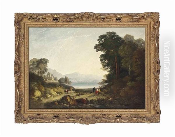 A Wooded Mountainous Landscape, With Shepherds And Their Flock By A Lake - view 1