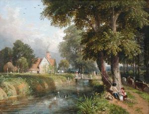 Children Fishing On A Riverbank, A Cottage Beyond, With Villagers On A Bridge, And Cattle Passing By by William Havell