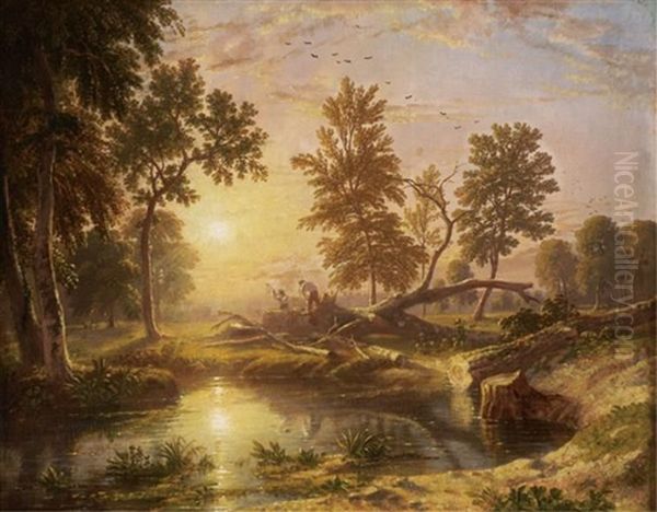 Sunset Landscape With Figures Tending To A Fallen Tree - view 1