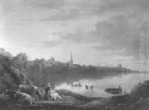 Figure And Cattle On A River Bank by William Havell