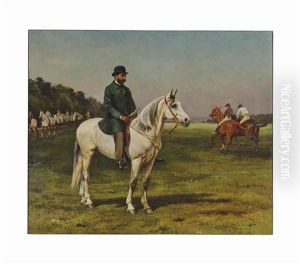The Limekilns, Newmarket: Captain J.o. Machell On A White Horse With The Jockeys E. Martin And F. Archer Exercising Their Horses by William H. Hopkins and Edmund Havell