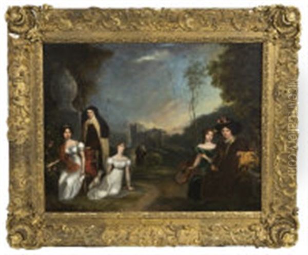 A Conversation Piece Of The Women Of A Pious Family, In A Wooded Landscape With Ecclesiastical Ruins In The Background - view 1