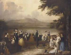 Group Portrait Of A Family (reilly Family Of Scarvagh?) Stepping Ashore From A Boat On A Lough, With Mountains Beyond by Joseph Patrick Haverty
