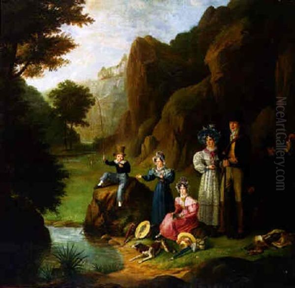 Portrait Of A Family In A River Landscape With A Young Boy Fishing And Other Members With Instruments Of The Hunt - view 1