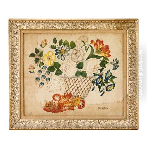 Rare Signed Theorem: Cornucopia With Flowers - view 1