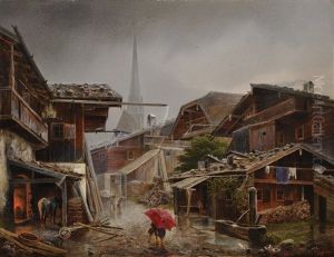 An Alpine Village In The Rain, At The Blacksmith by Bedrich Havranek