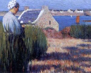 Bretonne A La Couture Devant La Voile Rouge by Louis Welden Hawkins