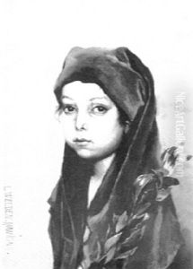 Portrait Of A Girl With A Blue Draped Head Holding A Branch