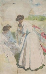 Women And Figures Under White Umbrella, Man Carrying Two Cheeses (double Sided)