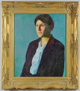 Half-length Portrait Of A Woman With Dark Hair Wearing A Ruffled Light Blue Shirt And Dark Jacket With Reddish Collar by Charles Hawthorne