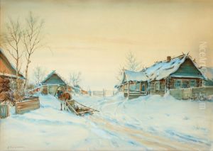Village At Winter by Mikhail Abramovich Balunin