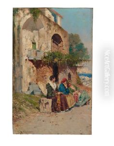 Drei Junge Frauen Vor Malerischem Haus Auf Capri, Seitlich Blick Auf Das Meer by Bernardo Hay
