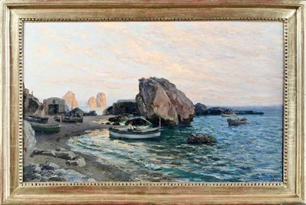 Felsiger Fischerstrand Auf Capri Mit Anlandenden Ruderbooten - view 1