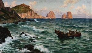 Fischerboote Vor Der Sudkuste Von Capri Mit Den Faraglionifelsen by Bernardo Hay