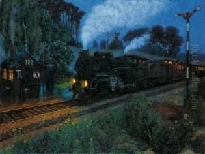 "anfahrender Schnellzug" by Hans Baluschek
