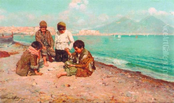 Fisherboys Playing Cards Along The Coast With The Bay Of Naples Beyond - view 1
