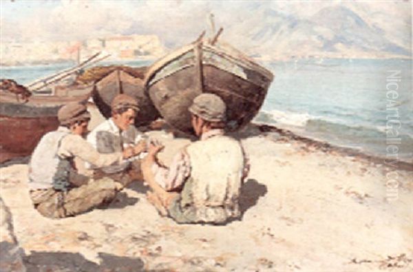 A View Of The Bay Of Capri With Fishing Smacks And Boys Playing Cards On The Beach In The Foreground - view 1