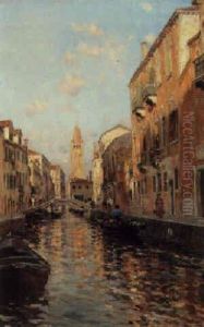 Gondolas On A Venetian Canal by Bernardo Hay