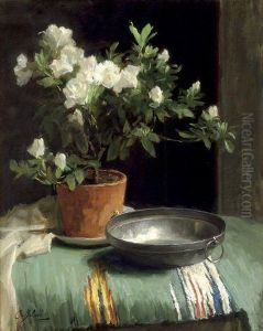 Still Life Of A Azalea And A Tin Dish On A Table