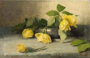 A Still Life With Yellow Roses In A Pewter Pot