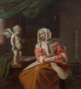 A Noblewoman And A Putto In An Interior by Reinier De La Haye