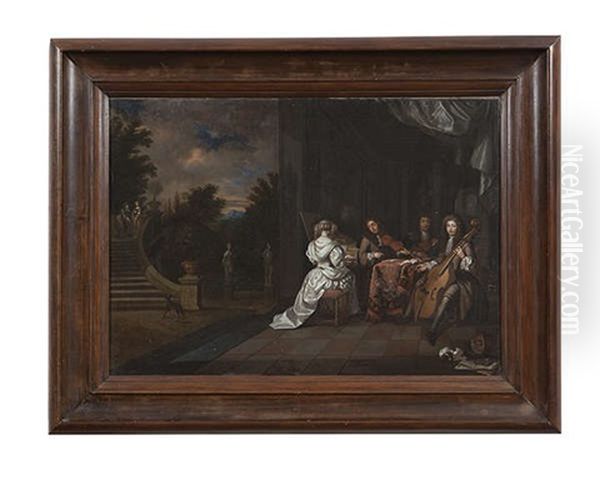 A Music Party On A Terrace, A Man Courting A Lady On Steps Overlooking A Garden Beyond - view 1