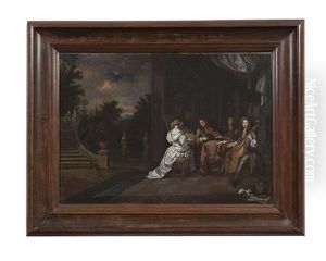 A Music Party On A Terrace, A Man Courting A Lady On Steps Overlooking A Garden Beyond