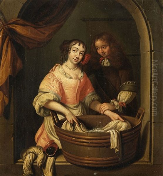 A Young Couple By A Washing Trough - view 1