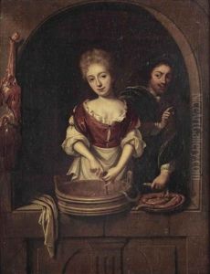 A Maid Preparing Sausages With A Young Man by Reinier De La Haye