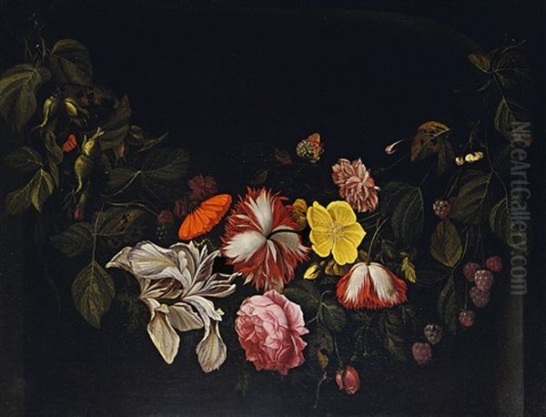 Blumenfeston Mit Haselnussen Und Himbeeren, Schmetterling Und Libelle - view 1