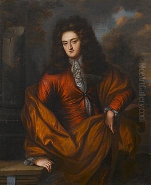 Portrait Of A Gentleman, In A Russet Coat With A Brown Wrap Standing Before A Stone Column - view 1