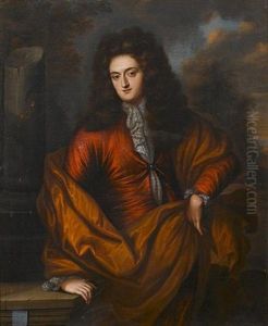 Portrait Of A Gentleman, In A Russet Coat With A Brown Wrap Standing Before A Stone Column