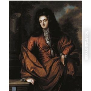 Portrait Of A Gentleman Wearing Red With An Orange Cloak, Standing In A Landscape by Reinier De La Haye