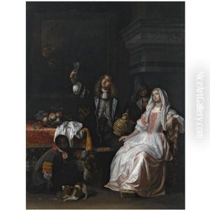 An Elegant Couple Drinking In An Interior, Together With A Servant Offering Biscuits And An Elderly Woman An Elegant Couple Drinking In An Interior, Together With A Servant Offering Biscuits And An Elderly Woman
