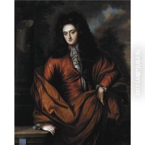 Portrait Of A Gentleman, Half Length, Wearing Red With An Orange Cloak, Standing In A Landscape