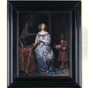 An Interior With A Young Lady In A Blue And White Satin Dress, Standing By A Dressing Table With A Page Carrying A Bowl Of Peaches