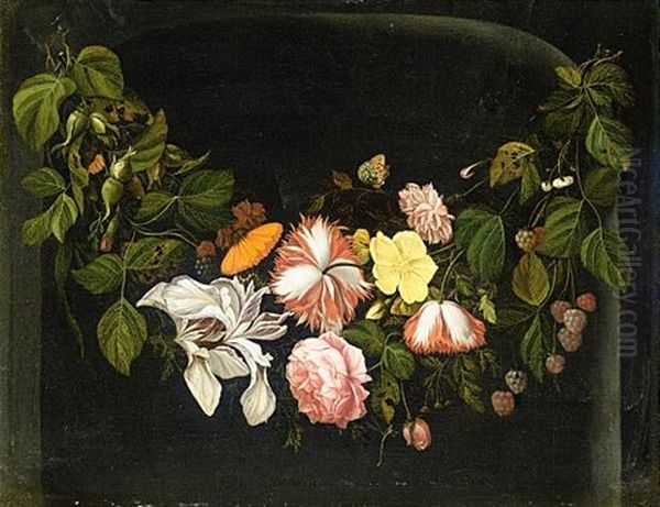 Still Life Of Flowers With A Branch Of Loganberries, A Butterfly And A Dragonfly - view 1