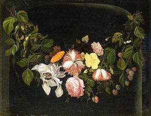 Still Life Of Flowers With A Branch Of Loganberries, A Butterfly And A Dragonfly