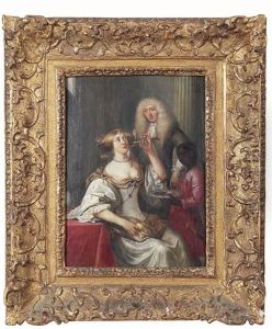 Une Jeune Femme Buvant Un Verre De Vin Servi Par Un Negrillon by Reinier De La Haye