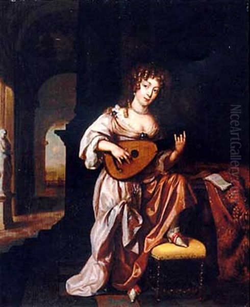 An Elegant Lady Playing The Lute, Seated By A Draped Table, A Terrace Beyond - view 1