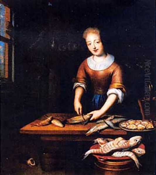 A Young Lady Gutting Fish In An Interior - view 1