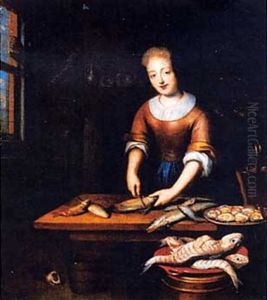 A Young Lady Gutting Fish In An Interior by Reinier De La Haye